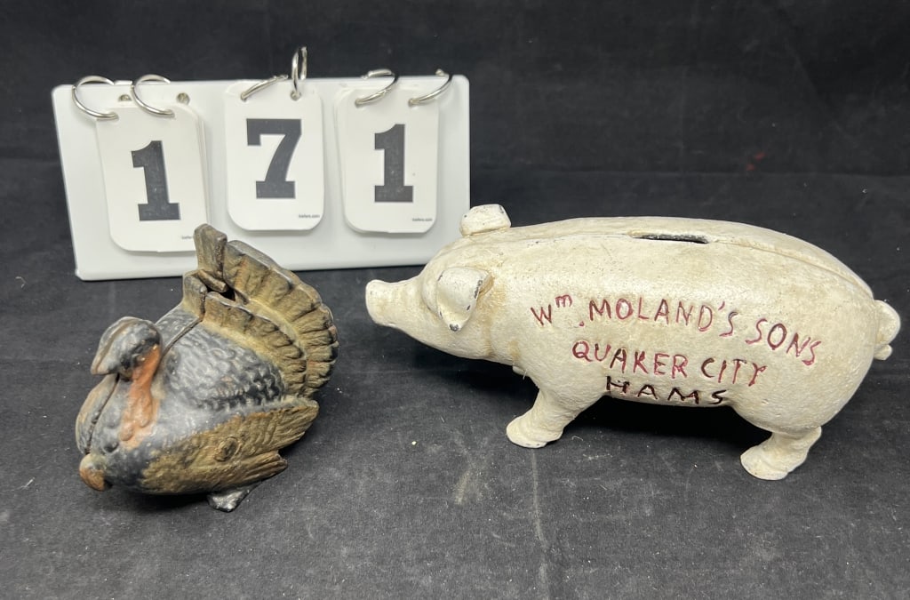 Two Cast Iron Animals Banks Pig & Turkey: Pig  WM  Moland's Son's Quaker City Hams  7.5" ,  Turkey (1 of 5)