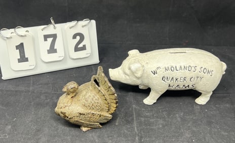 Two Cast Iron Animals Banks Pig & Turkey: Pig  WM  Moland's Son's Quaker City Hams  7.5" ,  Turkey