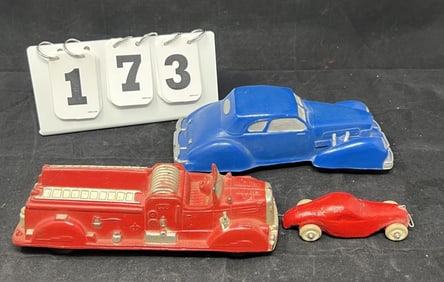Three Vintage Rubber Toy Cars: 1930's Garrett  Cord  Coupe blue 4" x 7" x 3" , Auburn Toys  Auburn,