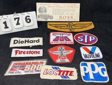 Group of  10 Indy 500 Jacket Patches - vary  in  size  & ink blotter by Ross Gear & Tool  Company
