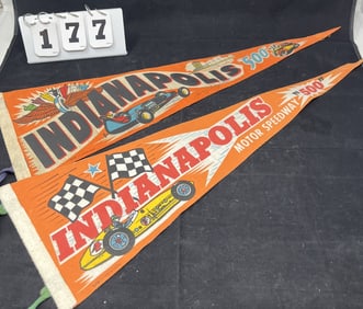 Two 1960's Vintage Indy 500 Pennants nice  condition  on the two vintage pendants w/  orange felt &