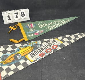Two Vintage Indy 500 Pennants: 1950's green  felt  w/ colorful graphics & yellow felt  ties, 1980
