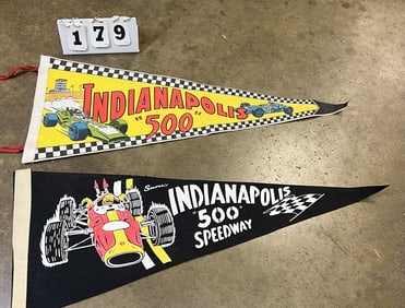 Two 1960's Indy 500 Pennants: black felt w/  red &  yellow graphics & white lettering,  yellow felt