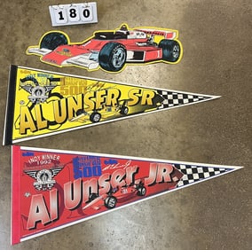 Three 1990''s Indy 500 Pennants:  Al Unser,  Sr.,  Al Unser, Jr., & one is shape of Indy  car.   12"