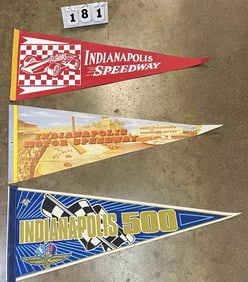 Five Indy 500 Pennants  1960's - 1990 : red  felt  w/ white lettering checkered flag &  car, graphic