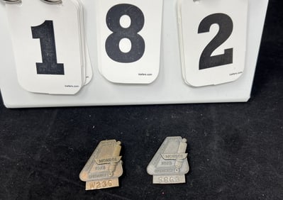 Two1975 Pit Pass Badges #W235 & #5863  of   sponsored by Monroe Shocks - one bronze and  one  silver