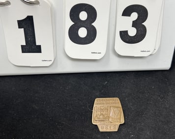 1976 Pit Pass Badge #U813 bronze sponsored by   Valvoline Oil, marked Bastain Bros,  Rochester, NY
