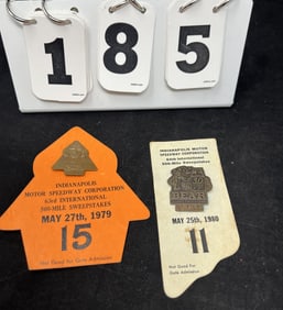 1979 & 198/0 Pit Pass Badges w/ Backing: 1979   #T755  LOCTITE backing is orange w/blue  lettering
