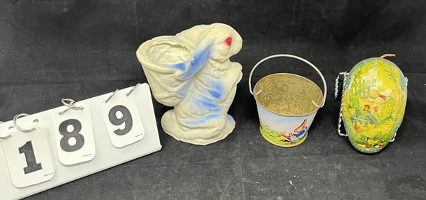 Vintage Easter Candy Containers: Paper m?ch?   rabbit w/ blue & red paint 3" x 6" , tin  litho  bail