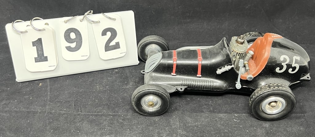 Vintage Roy Cox Thimble Drome Tether Race Car   black w/ red stripes #35.  4" x 10" x 5" (1 of 6)