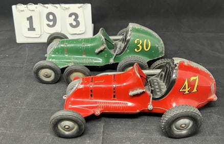 Two Vintage Roy Cox Thimble Drome Champion  Tether  Cars: Red car #47 has no engine,  green #30 has