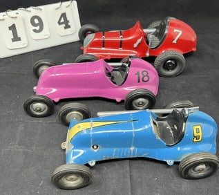 Three Vintage Thimble Drome Tether Cars : red  #7  no engine, pink #18 no engine, blue #9  has been