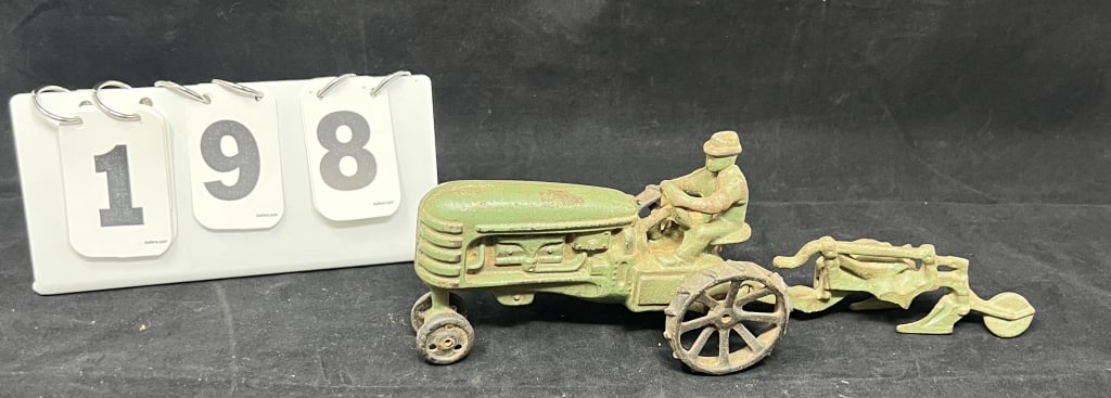 Cast Iron Farm Toy Tractor & Plow:  Massey-  Harris  tractor w/ driver & two bottom plow  tractor on (1 of 6)