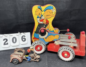 Two Popeye Vintage Toys: 1950's Popeye pull  type  toy Popeye & Sweet Pea xylophone 11" x  11" x 6"