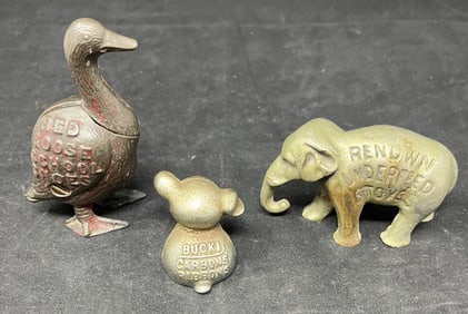 Three Cast Iron Animals w/ Advertising: Red  Goose  Shoes bank repaired leg, dog  advertising Buck