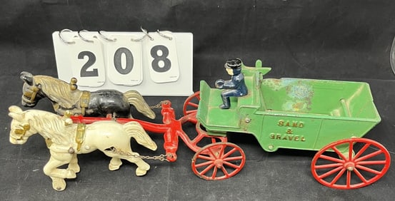 Vintage Kenton Cast Iron Horse Drawn Sand &  Gravel  Wagon green wagon w/ red wheels one  white &