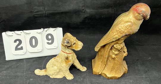 Cast Iron Parrot Door Stop & C/I Dog: Parrot   gilded w/ red head very heavy base is marked  1289