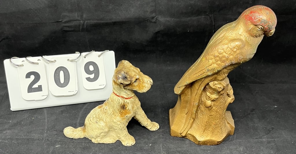 Cast Iron Parrot Door Stop & C/I Dog: Parrot   gilded w/ red head very heavy base is marked  1289 (1 of 4)