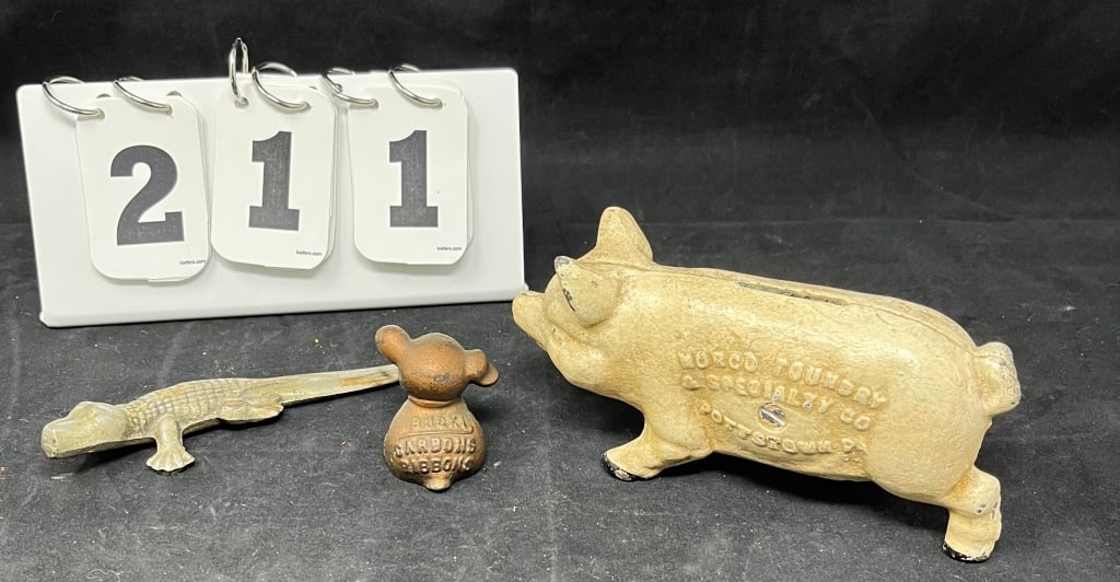 Three Cast Iron Advertising Animal Figures:  Pig  bank advertising Norco Foundry &  Specialty Co., (1 of 5)