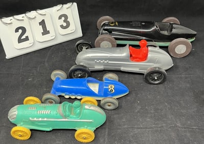 Four Vintage Toy Race Cars: Auburn Rubber  #536  midget green sprint roadster, 1940's  Schuco Micro