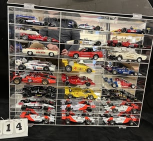 Collection of 24  Indy & Pace Cars: Mirror  back  acrylic case w/fold up door & 24 slots,  some cars