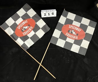 Two 1960's Indy 500 Souvenir Checkered Flags:   checkered flag w/ solid red oval w/ car and  white