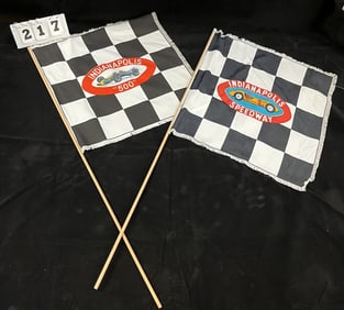 Two Vintage Indy 500 Souvenir Flags w/ red  oval,  colorful graphic of car.  Stick 36"  Flag 16" x