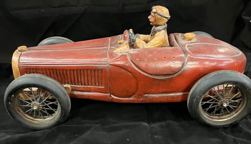 Vintage Style Model Bugatti Type 35 Race Car  w/  driver carved & painted on rubber wheels   12" x