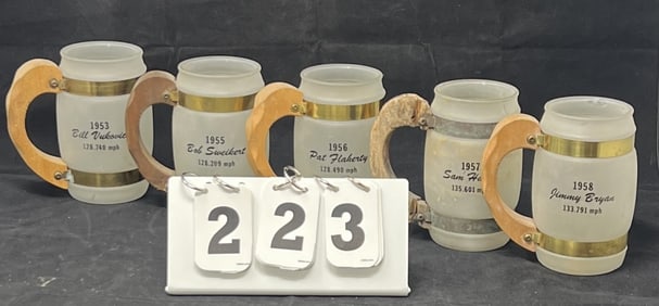 Five Siesta Ware 1950's Indy 500 Winners  Glass  Mugs: 1953, 1955, 1956, 1957, 1958.  1957 has