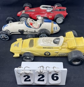 Three Race Car Whiskey Decanters: Mario  Andretti  car #9, Ezra Brooks 1971 #21 car,   Ontario Motor