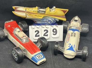 Three Decanters 2 Race Car 1 Speedboat : Miss   Madison U6 Speedboat, Ezra Brooks #21 car,  Ezra
