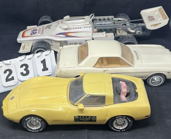 Three Decanters Race Car & Classic Cars: Jim Bean Yellow Corvette, 1967 Mustang, Indy Car