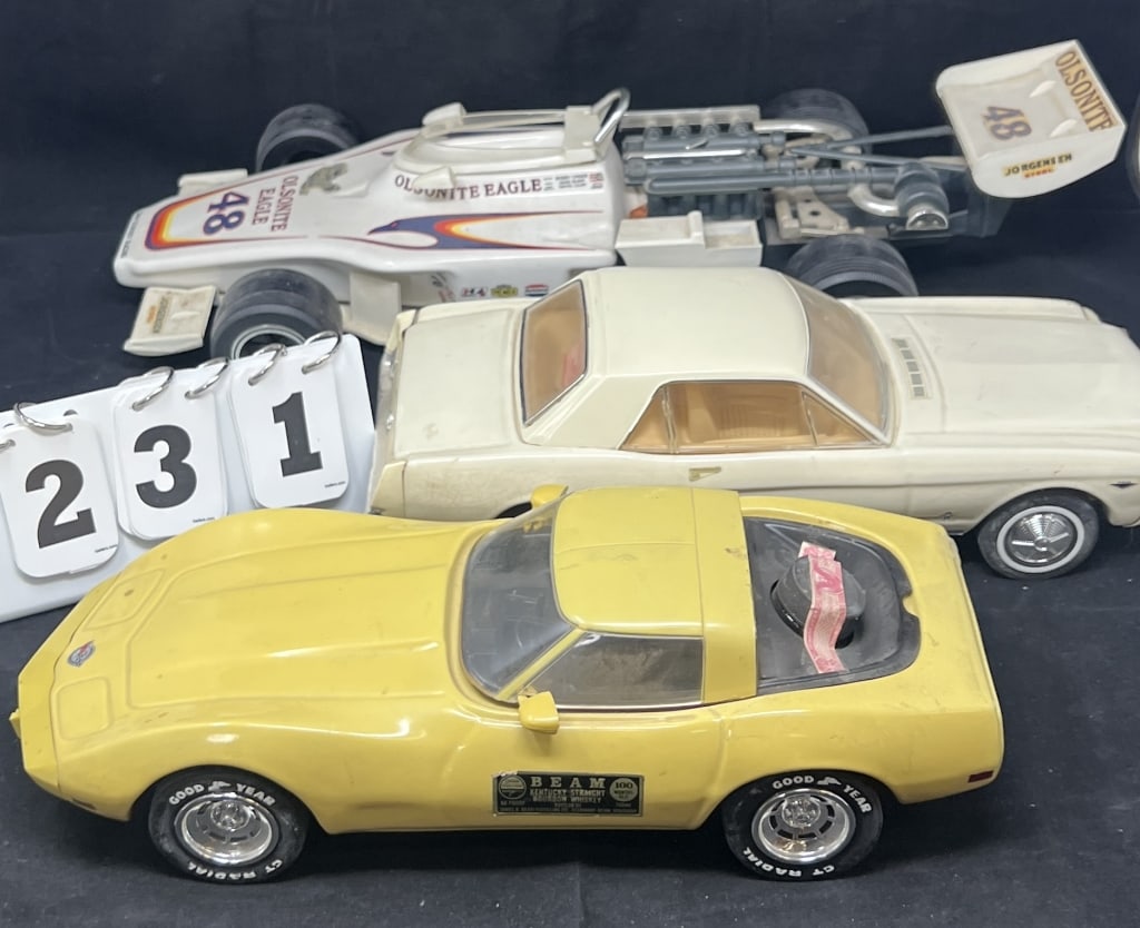 Three Decanters Race Car & Classic Cars: Jim  Beam Yellow Corvette, 1967 Mustang, Indy Car (1 of 8)
