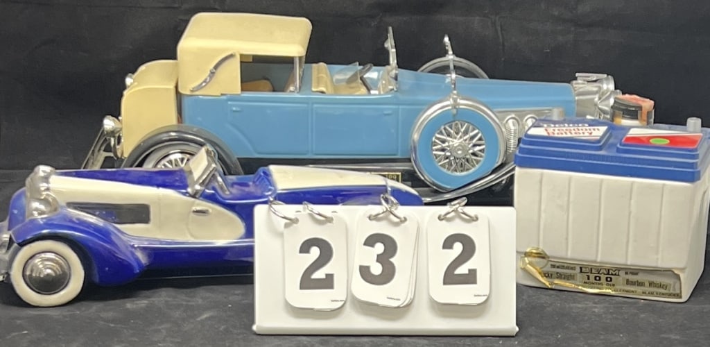 Two Classic Car & A Battery Decanter: Jim  Beam Delco Battery, Ezra Brooks 1970 Classic  Car, Jim (1 of 7)