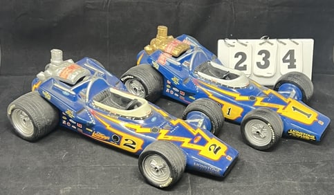 Two Johnny Lightning Decanters Race Cars:  Both  same car one w/ silver engine & one w/  gold