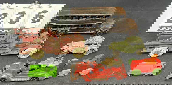 Six  Vintage Toys Some Cast Iron : Double  decker  bus, c/i fire truck, green 4 door  sedan,  newer