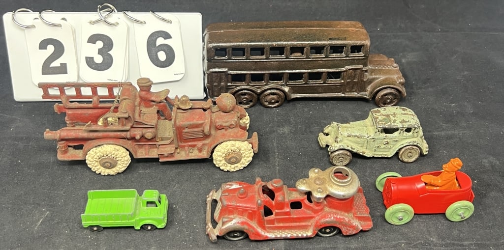 Six  Vintage Toys Some Cast Iron : Double  decker  bus, c/i fire truck, green 4 door  sedan,  newer (1 of 4)