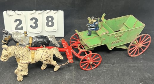 Cast Iron Horse Drawn Sand & Gravel Wagon  green  wagon red wheels black & white horses  5" x 16" x