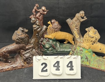 Three Cast Iron Mechanical Banks Lion &  Monkeys:  one reproduction from The Book of  Knowledge, &