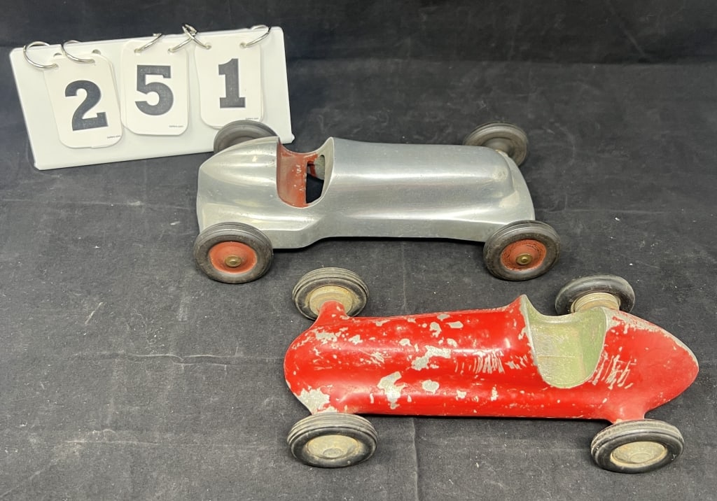 Two Cast Aluminum Race Cars one red interior,  red  rims & rubber tires, one is red w/  rubber (1 of 4)
