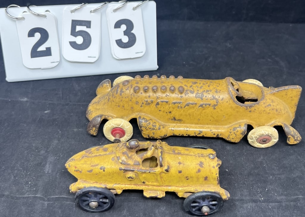 Two 1930's Hubley & AC Williams Cast Iron  Race  Cars: both yellow one on white rubber  tires, one (1 of 4)