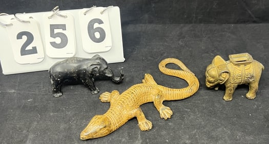 Three Cast Iron Animals: very detailed lizard   retains most of original paint 1" x 8" x 4"  ,