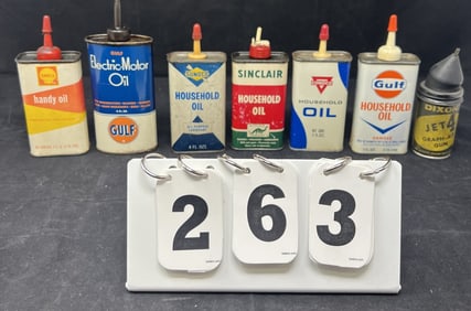Group of 7 Petroleum Advertising Cans:   Sunoco,  Gulf, Shell, Sinclair, Conoco,  Dixon.  All