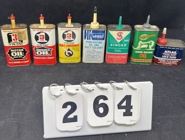 Group of 7 Petroleum Advertising Cans: Singer   Sewing Machine 3 in 1, Atlas, & Montgomery  Ward,