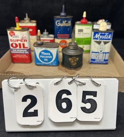 Group of 9 Petroleum Advertising Cans:  Maytag,  Cardinal, Sears, Flow Master Ink,   Maes Pulsatory