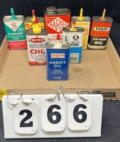 Group of 8 Petroleum Advertising Cans: Marbo,   Singer, Pfaff, True Value, Exxon.  4" x2" x  1"