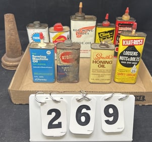 Group of 9 Advertising Cans & 1 Nozzle   :advertising cans include  Red Wing Shoe Oil,   Sta-bil.