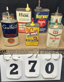 Group of 7 Advertising Petroleum Cans:  Phillips 66,  Cities Service, Gulf, Norway,  Outer's Gun