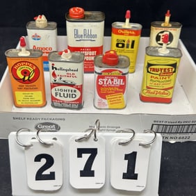 Group of 7  Advertising Cans: Sta-Bil, Amoco,   Hollingshead,  Outer's Gun Oil, Blue Ribbon  4" x