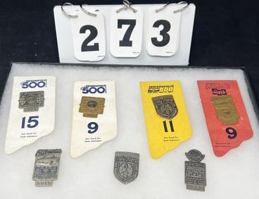 Group of 7 Indy 500 Pit Pass Badges  including: 2  1983 # 5014  silver & #R751  bronze w/backing, 2
